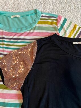 E Luna bundle  Black Tee with Rose Gold Sequin Sleeve and multi color blouse